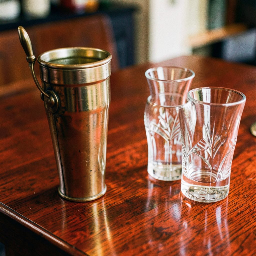 Vintage cocktail shaker and glassware on a polished wooden surface, rich brown and brass tones